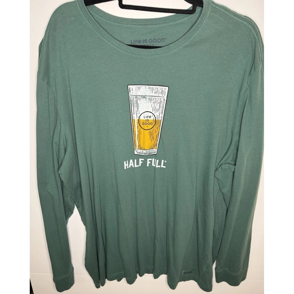 Life is Good Crusher Tee Men's 2XL Beer Half Full Long Sleeve Shirt Green Cotton